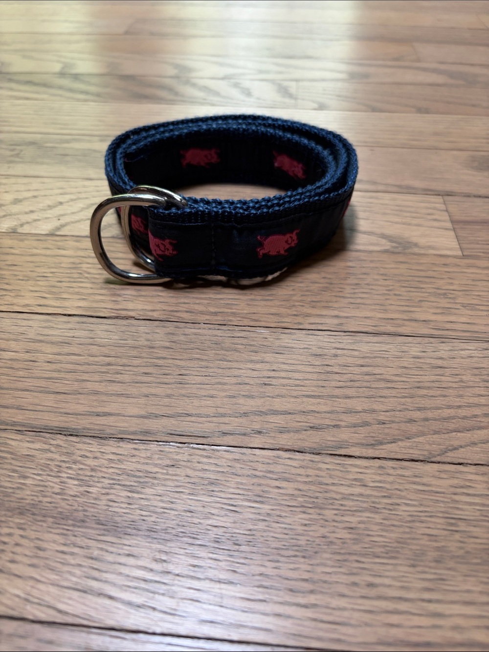 Navy Blue Web D-Ring Belt with Pink Pig Detail